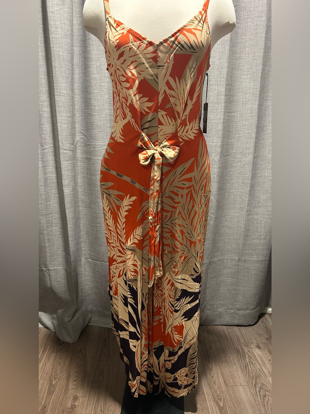 Vince Camuto Orange Tropical Print Tie-Waist Maxi Jumpsuit